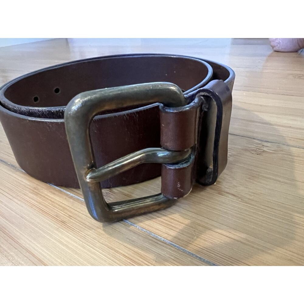 Express Unisex Vintage Brown Italian Genuine Leather Belt Sz L 35” Brass Buckle